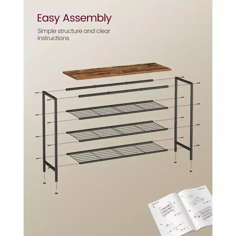 VASAGLE Shoe Rack, Shoe Storage Rack for Closet, Free Standing Metal Organizer Shelf, 4 Tiers, for 1216 Pairs, Rustic Brown and Ink Black