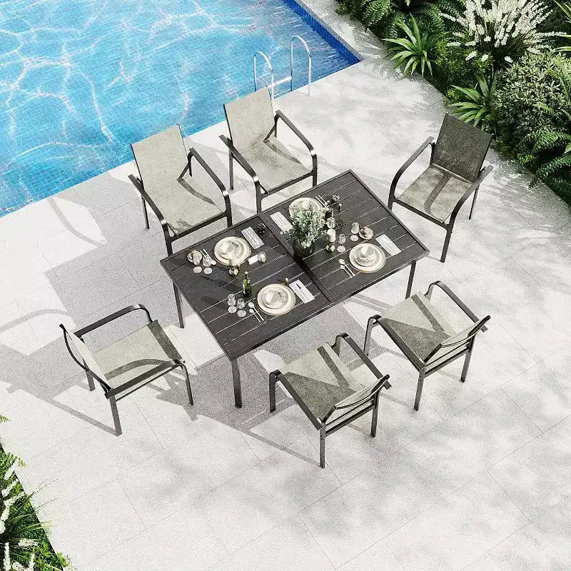 GustoWave — Ensemble de salle à manger d'extérieur 7 pièces, table rectangulaire en métal avec 6 chaises en textilène respirant