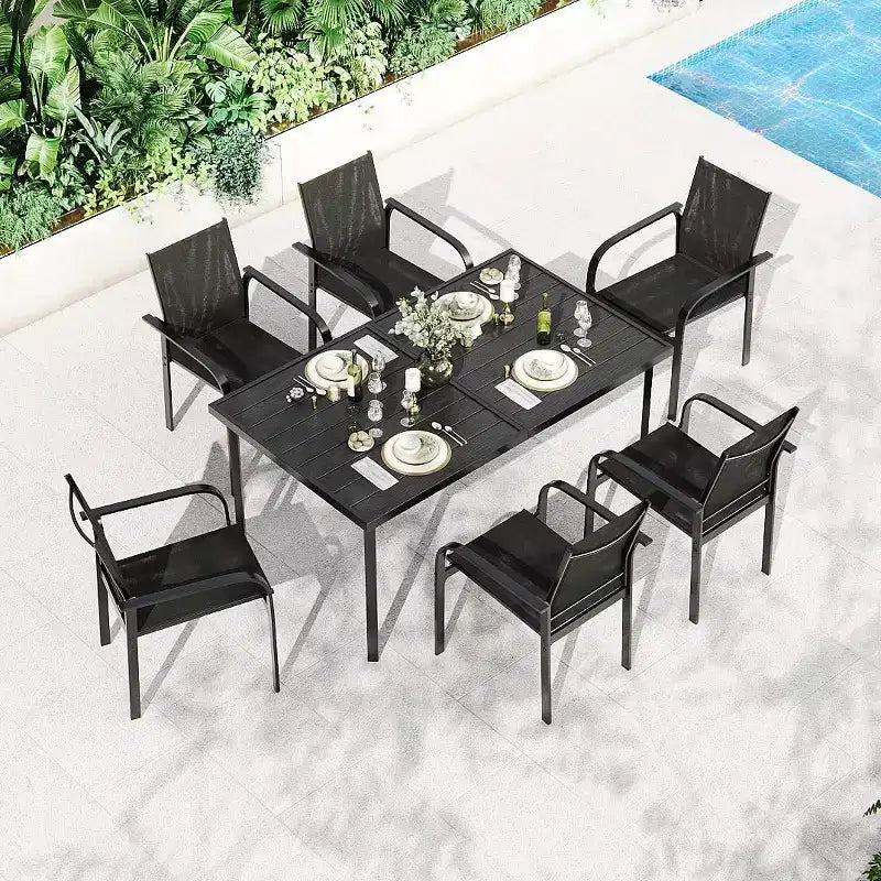 GustoWave — Ensemble de salle à manger d'extérieur 7 pièces, table rectangulaire en métal avec 6 chaises en textilène respirant
