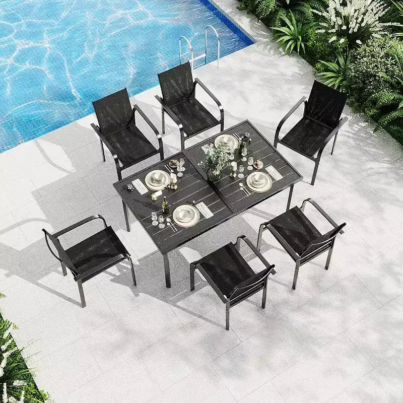 GustoWave — Ensemble de salle à manger d'extérieur 7 pièces, table rectangulaire en métal avec 6 chaises en textilène respirant
