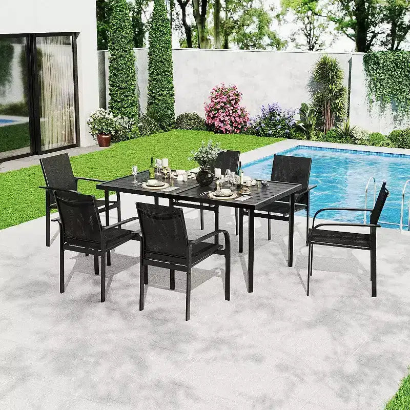 GustoWave — Ensemble de salle à manger d'extérieur 7 pièces, table rectangulaire en métal avec 6 chaises en textilène respirant