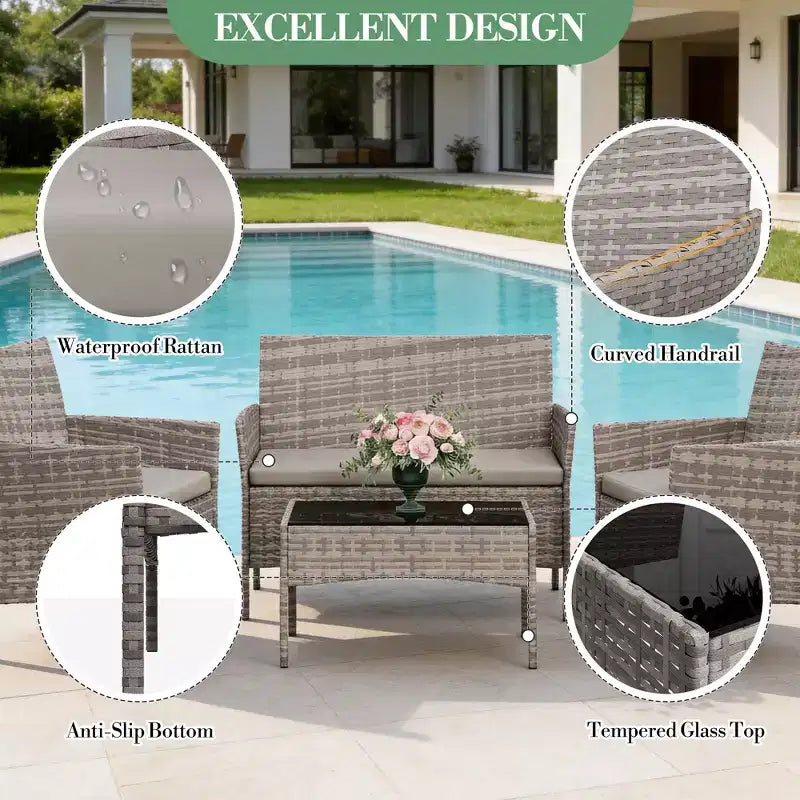 Ensemble de mobilier de jardin 4 pièces avec chaises en rotin synthétique tressé et coussins moelleux, salon de jardin résistant aux intempéries pour une utilisation extérieure durable