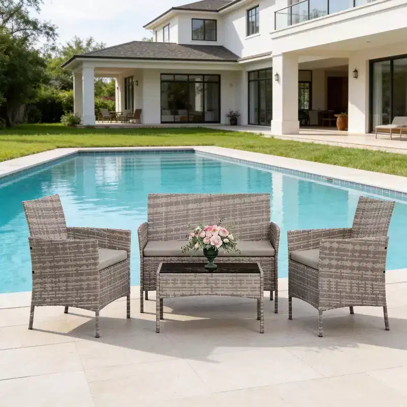Ensemble de mobilier de jardin 4 pièces avec chaises en rotin synthétique tressé et coussins moelleux, salon de jardin résistant aux intempéries pour une utilisation extérieure durable