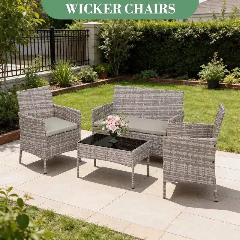 Ensemble de mobilier de jardin 4 pièces avec chaises en rotin synthétique tressé et coussins moelleux, salon de jardin résistant aux intempéries pour une utilisation extérieure durable