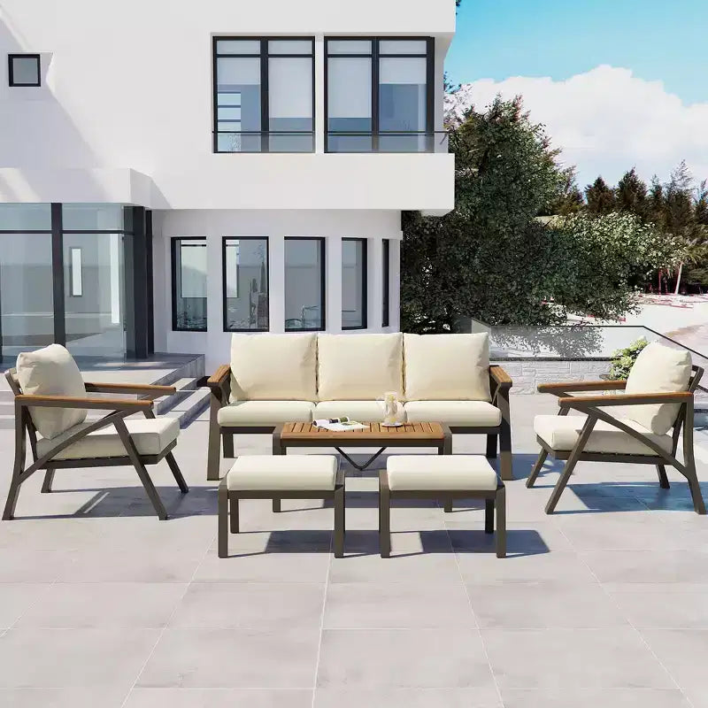 GDFStudio Carter Salon de jardin moderne 6 pièces en acier avec table basse en acacia et coussins