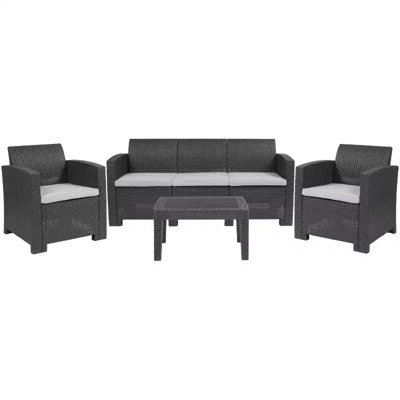 Flash Furniture Ensemble quatre pièces de fauteuils, canapé et table de jardin en similicuir tressé