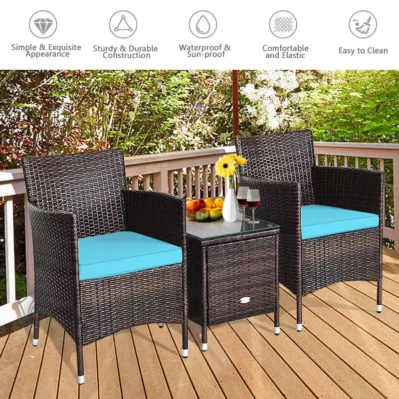 Costway Ensemble de Meubles de Jardin en Rotin PE 3 Pièces avec Chaises et Table Basse