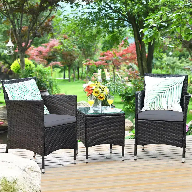 Costway Ensemble de Meubles de Jardin en Rotin PE 3 Pièces avec Chaises et Table Basse