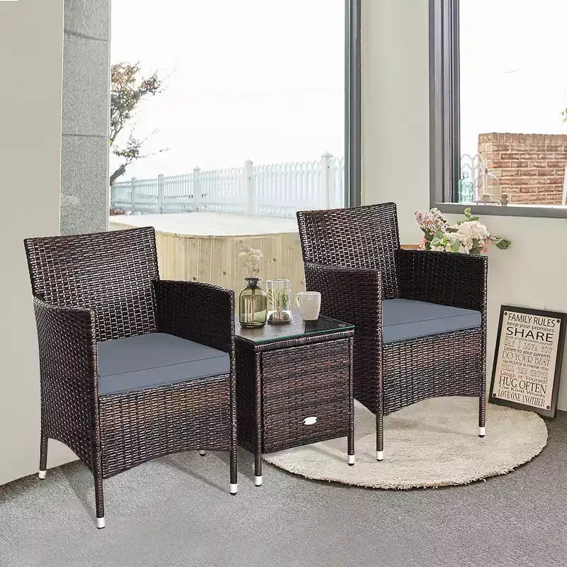 Costway Ensemble de Meubles de Jardin en Rotin PE 3 Pièces avec Chaises et Table Basse