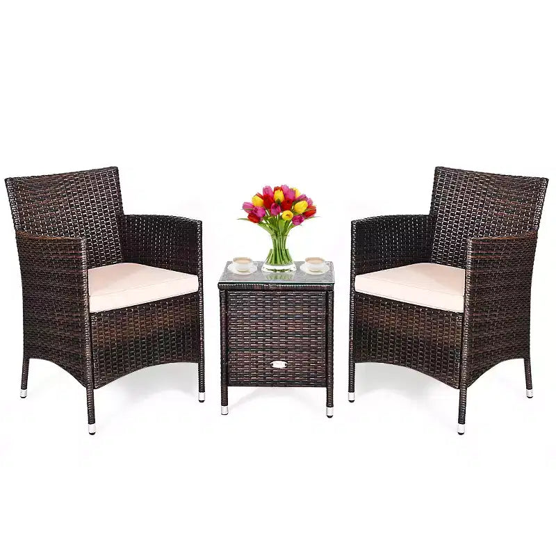 Costway Ensemble de Meubles de Jardin en Rotin PE 3 Pièces avec Chaises et Table Basse