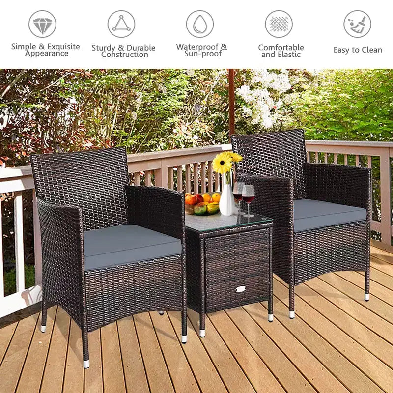 Costway Ensemble de Meubles de Jardin en Rotin PE 3 Pièces avec Chaises et Table Basse