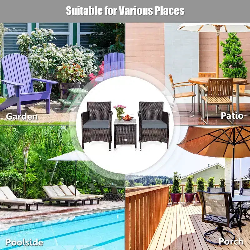 Costway Ensemble de Meubles de Jardin en Rotin PE 3 Pièces avec Chaises et Table Basse