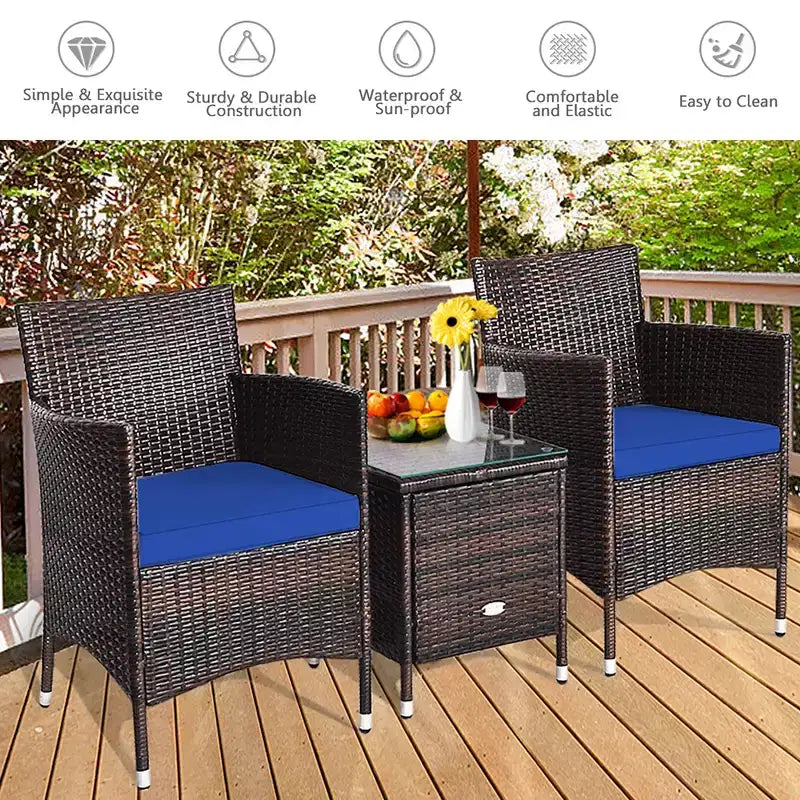 Costway Ensemble de Meubles de Jardin en Rotin PE 3 Pièces avec Chaises et Table Basse