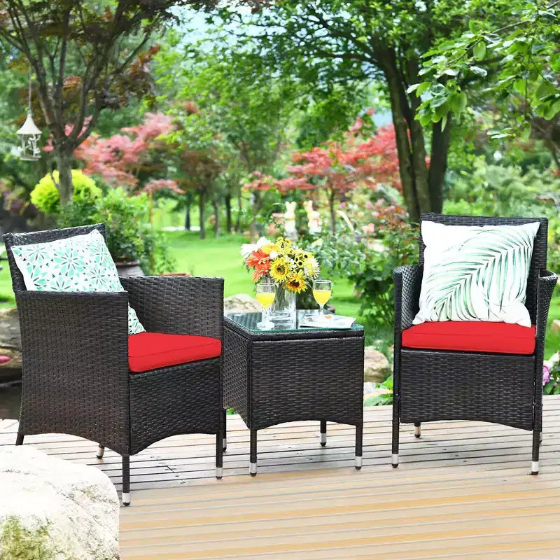 Costway Ensemble de Meubles de Jardin en Rotin PE 3 Pièces avec Chaises et Table Basse