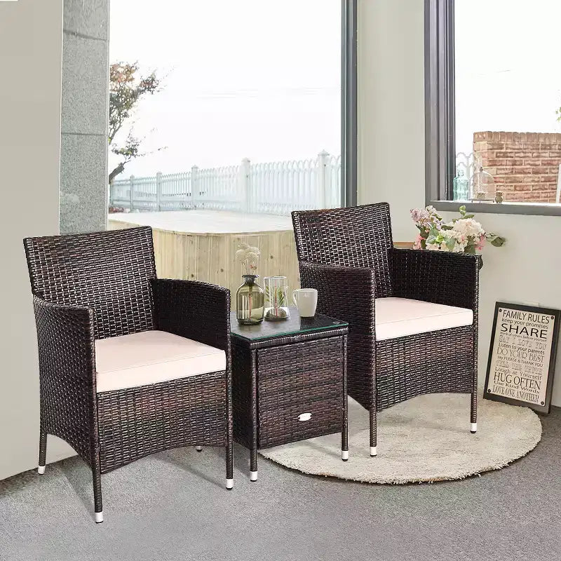 Costway Ensemble de Meubles de Jardin en Rotin PE 3 Pièces avec Chaises et Table Basse