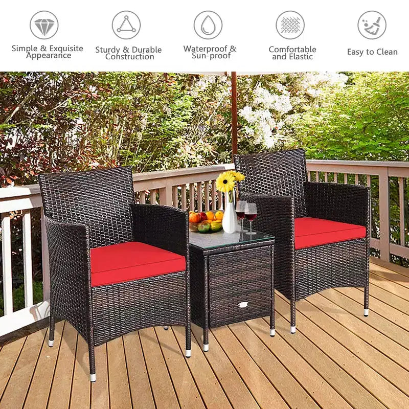 Costway Ensemble de Meubles de Jardin en Rotin PE 3 Pièces avec Chaises et Table Basse