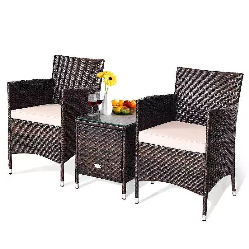 Costway Ensemble de Meubles de Jardin en Rotin PE 3 Pièces avec Chaises et Table Basse