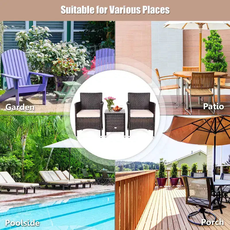 Costway Ensemble de Meubles de Jardin en Rotin PE 3 Pièces avec Chaises et Table Basse