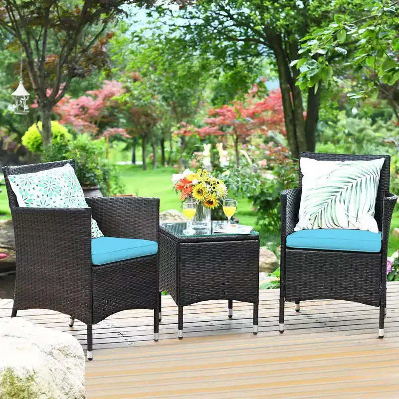 Costway Ensemble de Meubles de Jardin en Rotin PE 3 Pièces avec Chaises et Table Basse