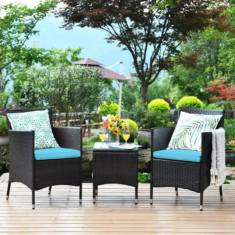 Costway Ensemble de Meubles de Jardin en Rotin PE 3 Pièces avec Chaises et Table Basse