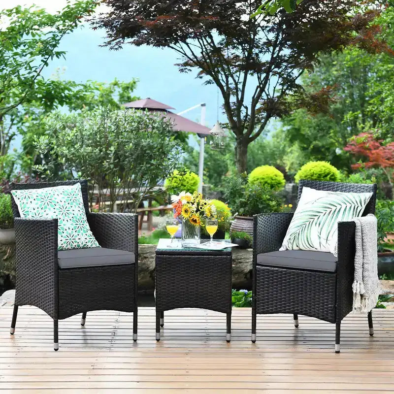 Costway Ensemble de Meubles de Jardin en Rotin PE 3 Pièces avec Chaises et Table Basse