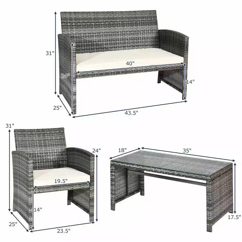 Costway Salon de Jardin 4 Pièces en Rotin Canape et Coussins Assise en Osier Gris Mélange