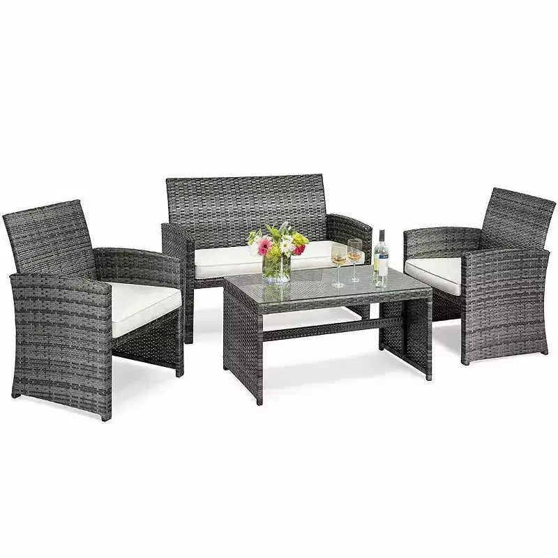 Costway Salon de Jardin 4 Pièces en Rotin Canape et Coussins Assise en Osier Gris Mélange
