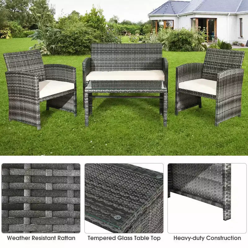 Costway Salon de Jardin 4 Pièces en Rotin Canape et Coussins Assise en Osier Gris Mélange