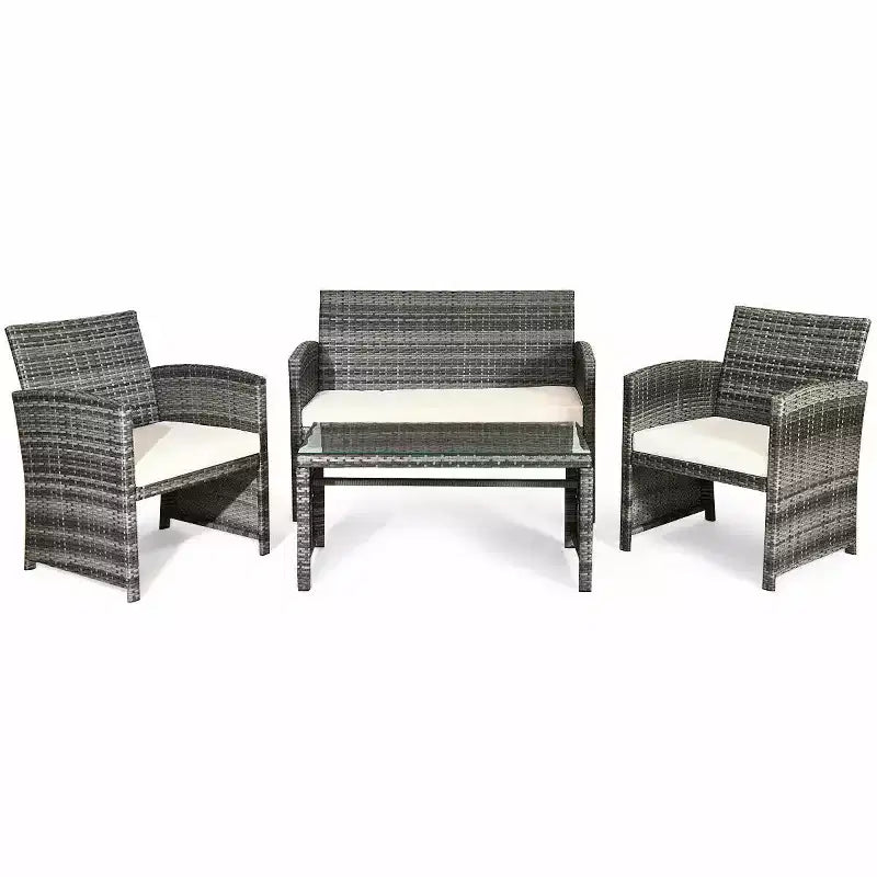 Costway Salon de Jardin 4 Pièces en Rotin Canape et Coussins Assise en Osier Gris Mélange