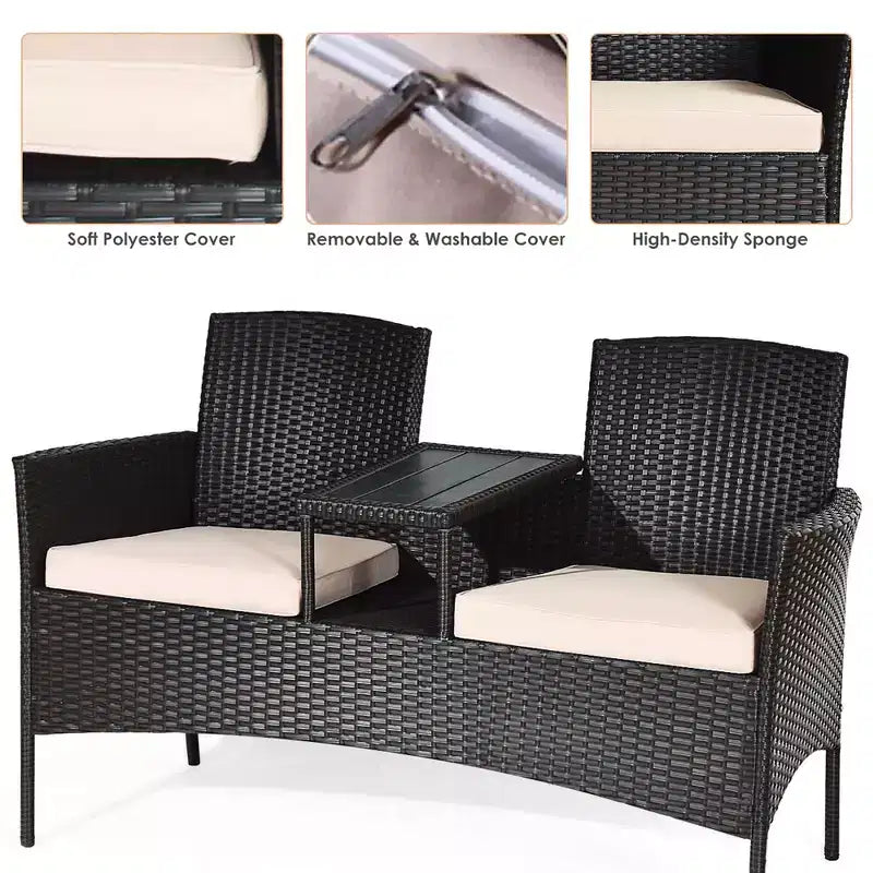Costway Ensemble de Conversation Extérieur en Rotin Breveté avec Canapé Deux Places et Table Basse Coussins Marron Mixte