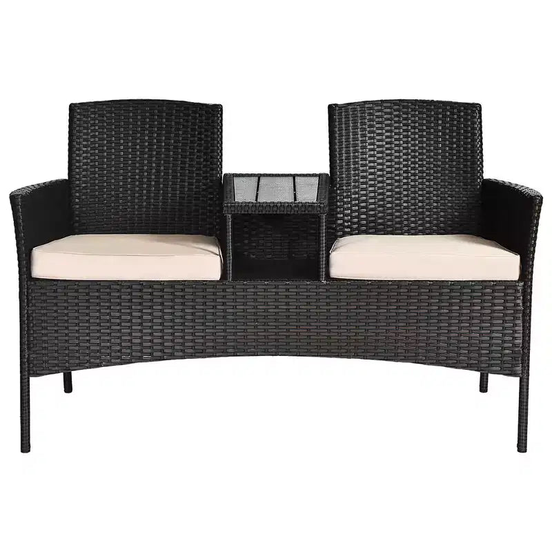 Costway Ensemble de Conversation Extérieur en Rotin Breveté avec Canapé Deux Places et Table Basse Coussins Marron Mixte