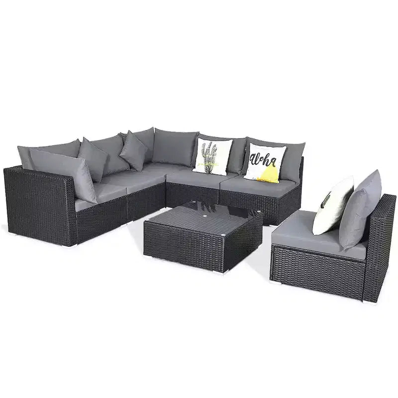 Costway Salon de Jardin en Résine Tressée 7 Pièces Beige/Bleu Marine/Gris