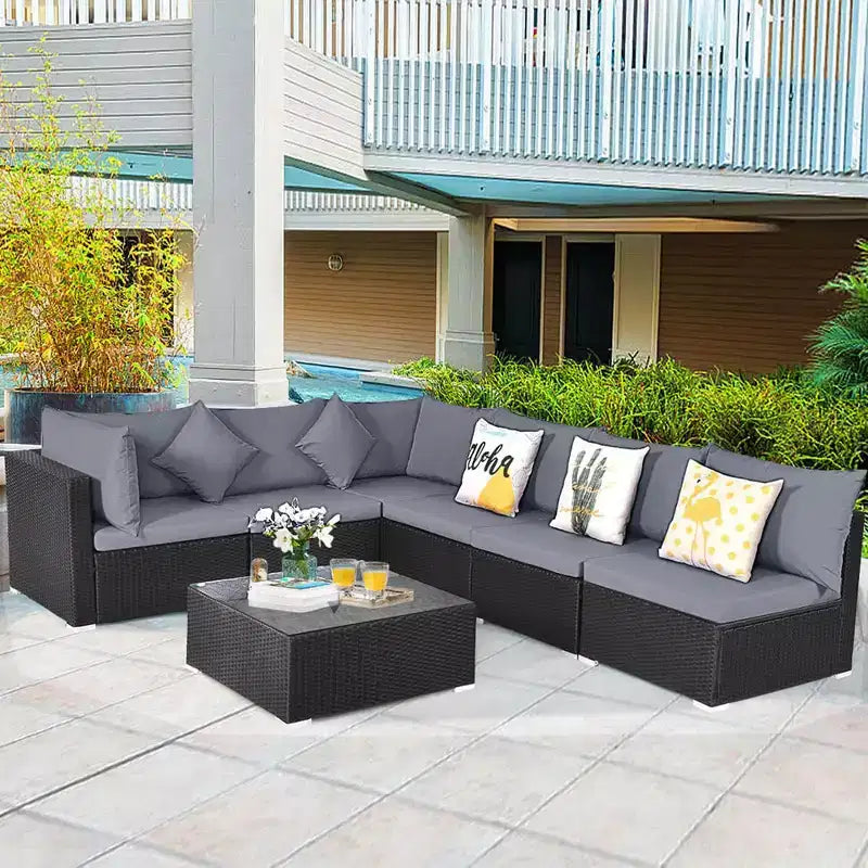 Costway Salon de Jardin en Résine Tressée 7 Pièces Beige/Bleu Marine/Gris