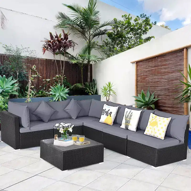 Costway Salon de Jardin en Résine Tressée 7 Pièces Beige/Bleu Marine/Gris