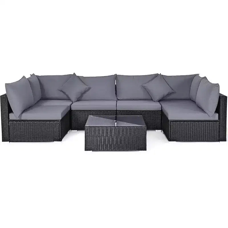 Costway Salon de Jardin en Résine Tressée 7 Pièces Beige/Bleu Marine/Gris