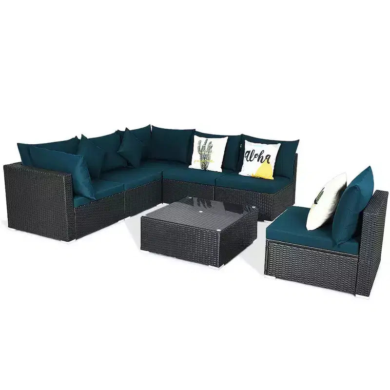 Costway Salon de Jardin en Résine Tressée 7 Pièces Beige/Bleu Marine/Gris