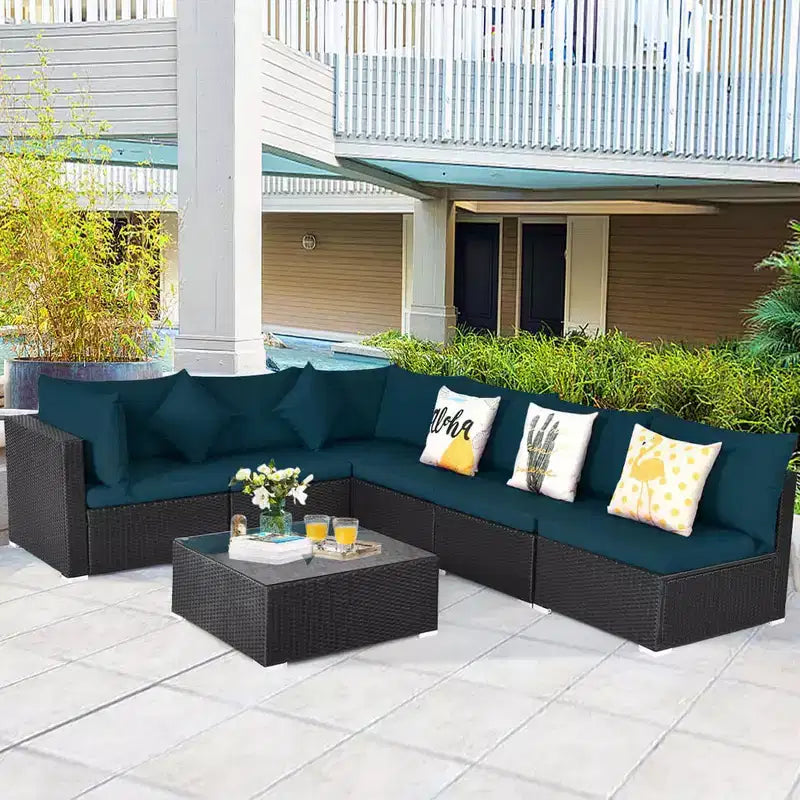 Costway Salon de Jardin en Résine Tressée 7 Pièces Beige/Bleu Marine/Gris