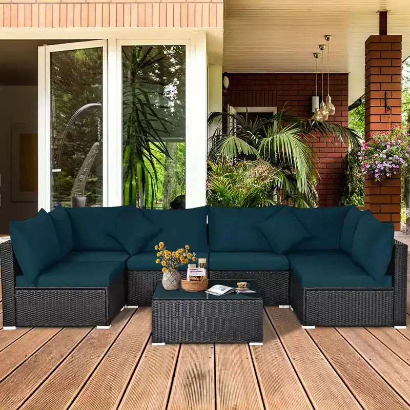 Costway Salon de Jardin en Résine Tressée 7 Pièces Beige/Bleu Marine/Gris