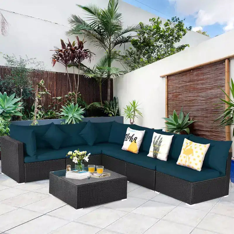 Costway Salon de Jardin en Résine Tressée 7 Pièces Beige/Bleu Marine/Gris