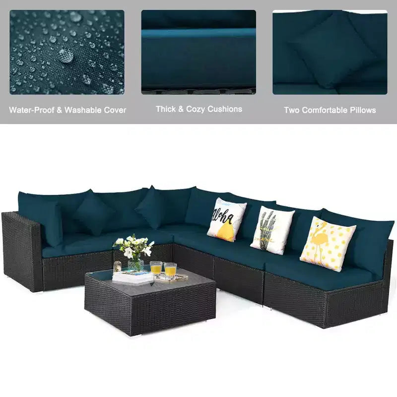 Costway Salon de Jardin en Résine Tressée 7 Pièces Beige/Bleu Marine/Gris