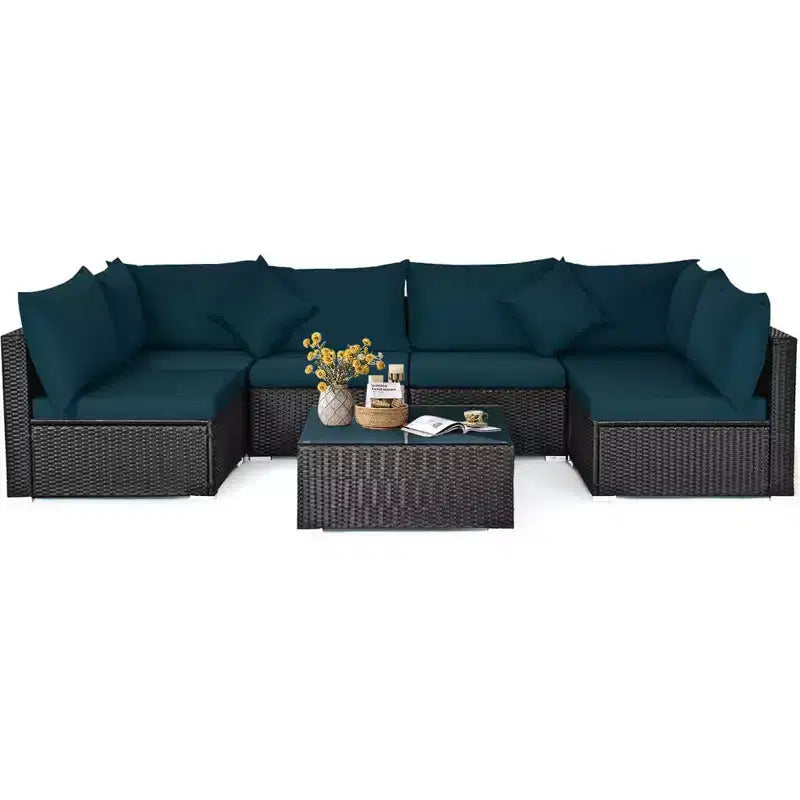 Costway Salon de Jardin en Résine Tressée 7 Pièces Beige/Bleu Marine/Gris