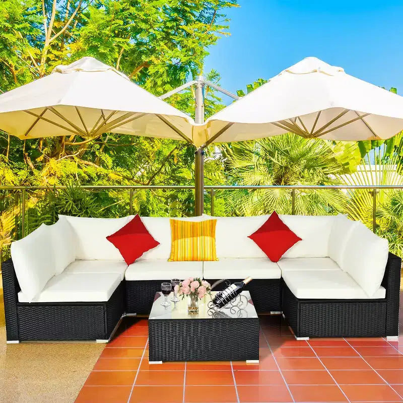 Costway Salon de Jardin en Résine Tressée 7 Pièces Beige/Bleu Marine/Gris