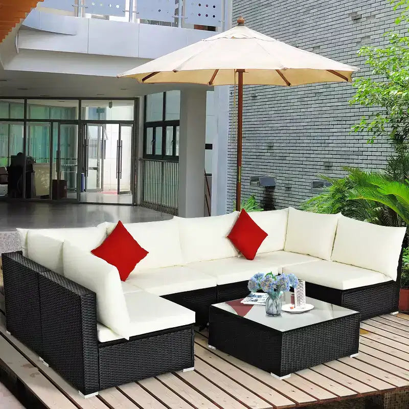 Costway Salon de Jardin en Résine Tressée 7 Pièces Beige/Bleu Marine/Gris