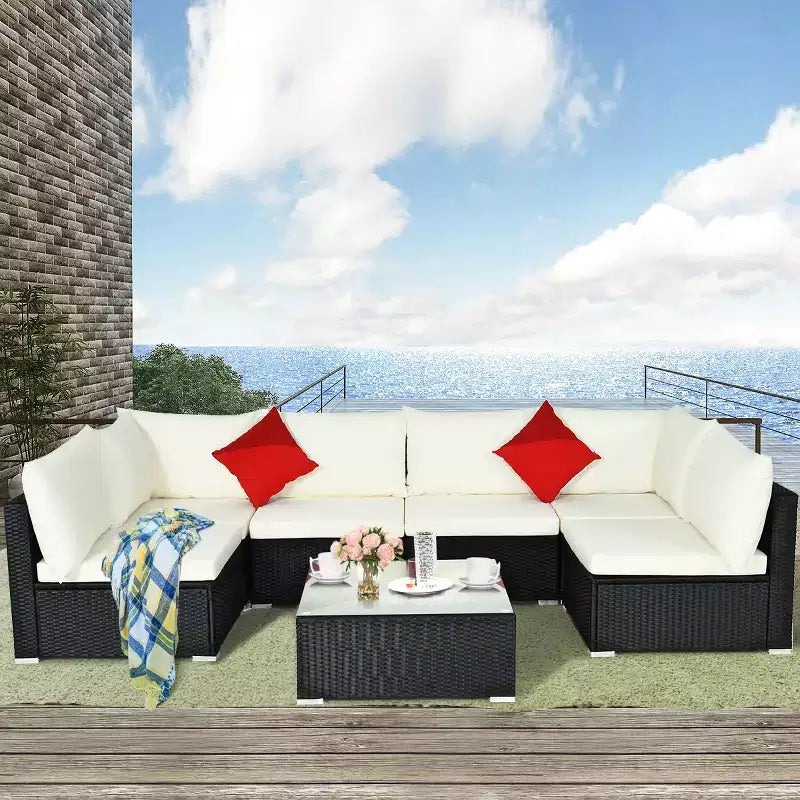 Costway Salon de Jardin en Résine Tressée 7 Pièces Beige/Bleu Marine/Gris