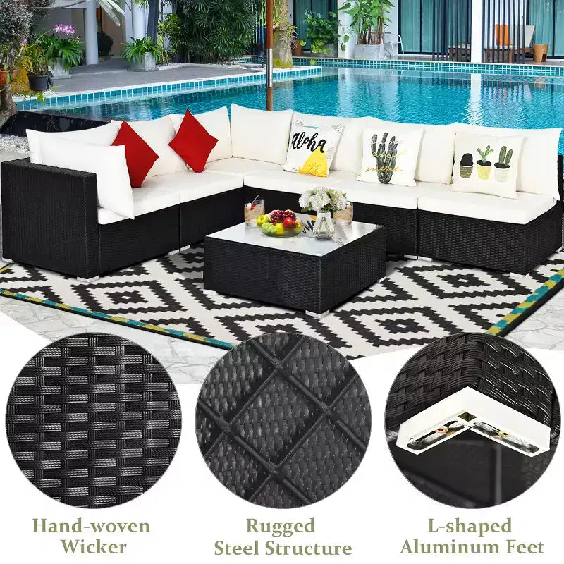 Costway Salon de Jardin en Résine Tressée 7 Pièces Beige/Bleu Marine/Gris