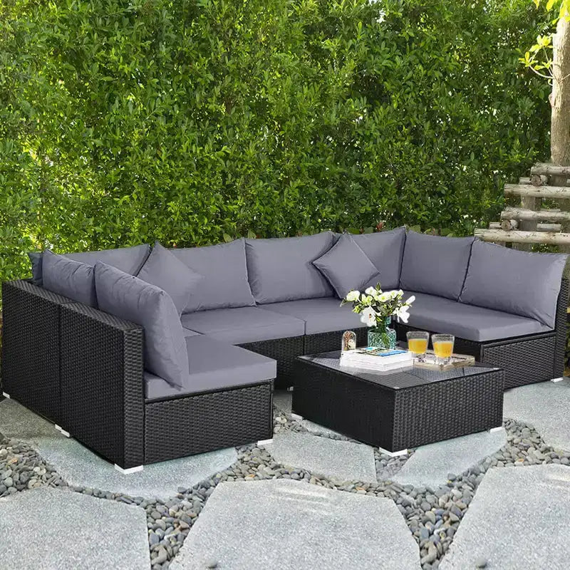 Costway Salon de Jardin en Résine Tressée 7 Pièces Beige/Bleu Marine/Gris