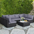 Costway Salon de Jardin en Résine Tressée 7 Pièces Beige/Bleu Marine/Gris