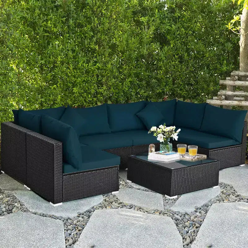Costway Salon de Jardin en Résine Tressée 7 Pièces Beige/Bleu Marine/Gris