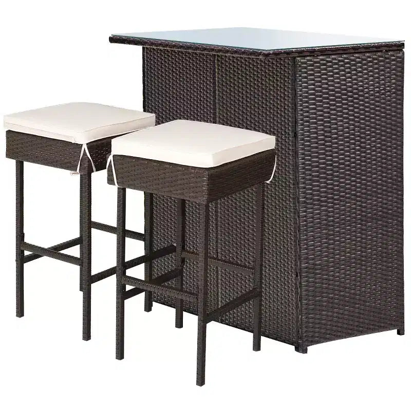Costway Ensemble Table et 2 Tabourets de Bar en Rotin pour Patio, Chaises Rembourrées pour Jardin