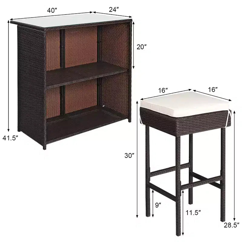 Costway Ensemble Table et 2 Tabourets de Bar en Rotin pour Patio, Chaises Rembourrées pour Jardin